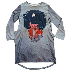 Women's Black Queen Natural Afro Crown Long Sleeve Oversize Pocket Cocoon Dress